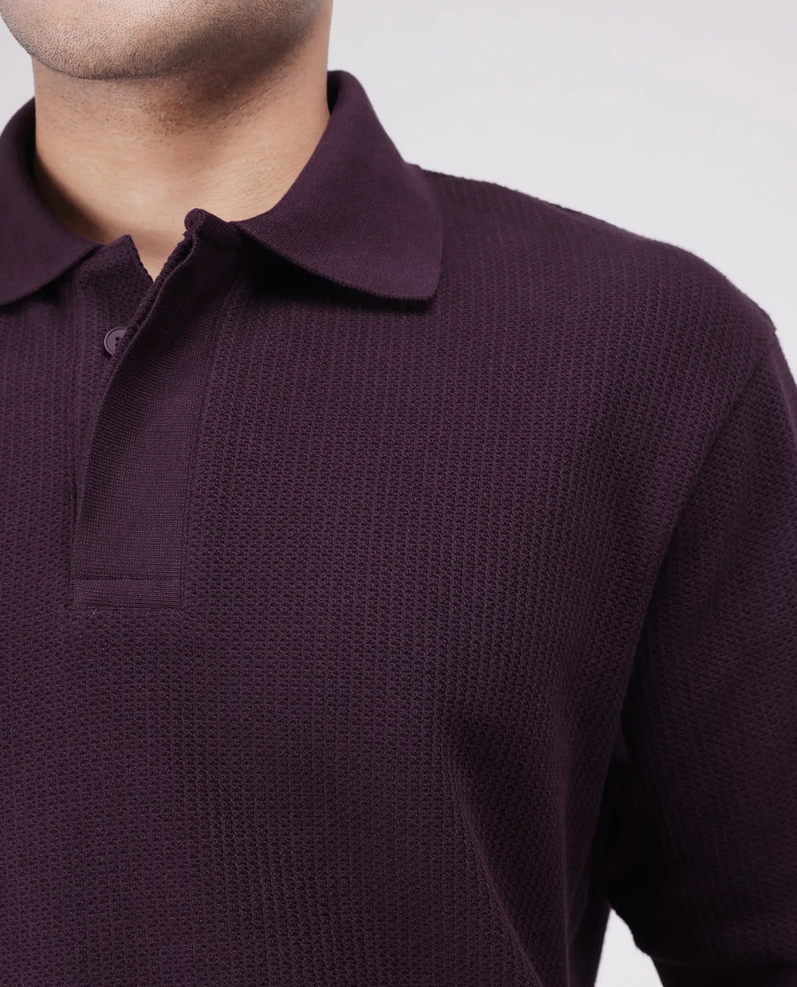 Rare Rabbit Men's Tom Dark Purple Cotton Textured Oversized Fit Half Sleeve Polo