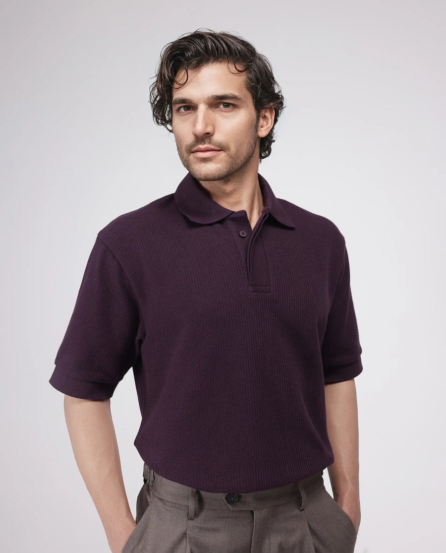 Rare Rabbit Men's Tom Dark Purple Cotton Textured Oversized Fit Half Sleeve Polo