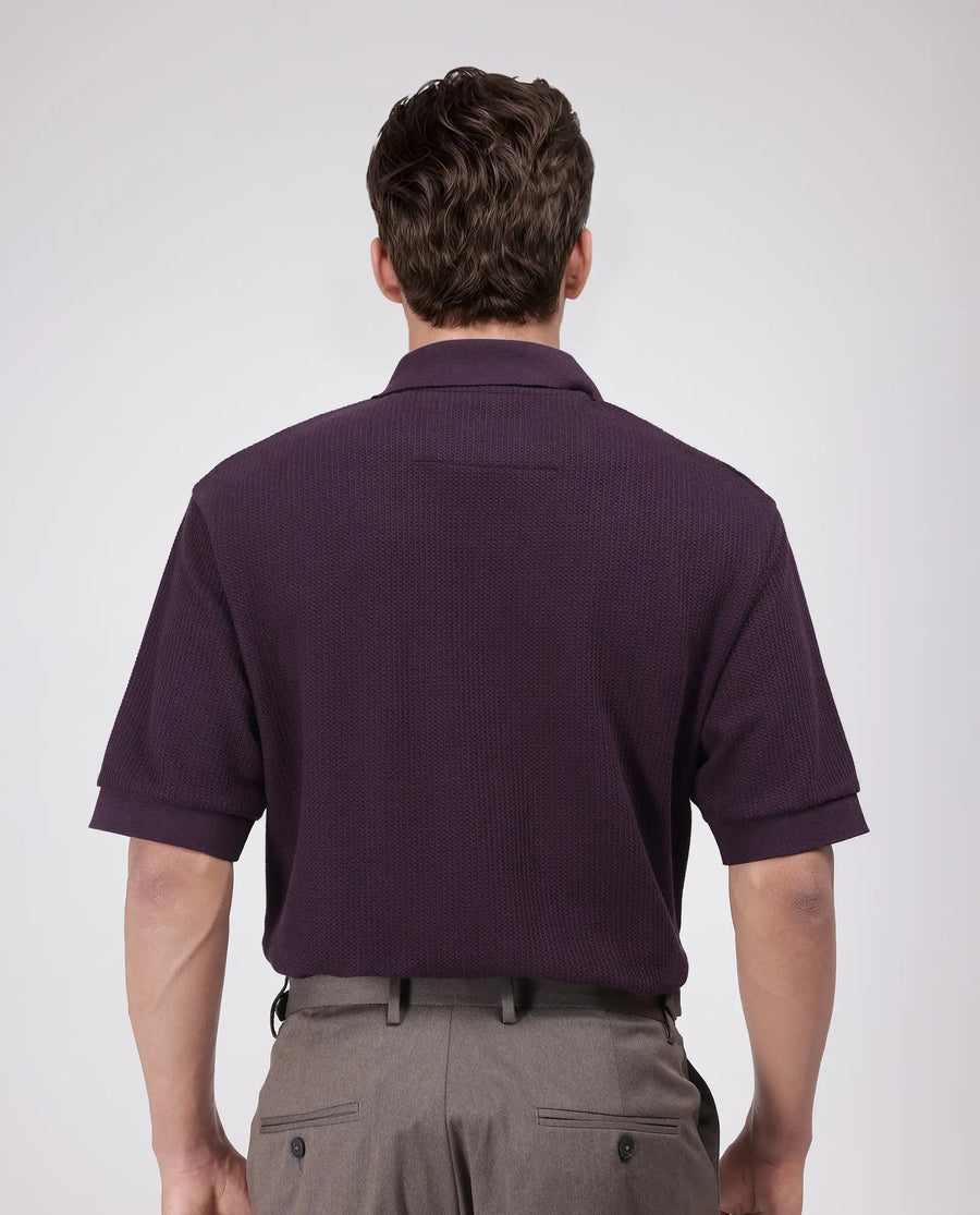 Rare Rabbit Men's Tom Dark Purple Cotton Textured Oversized Fit Half Sleeve Polo