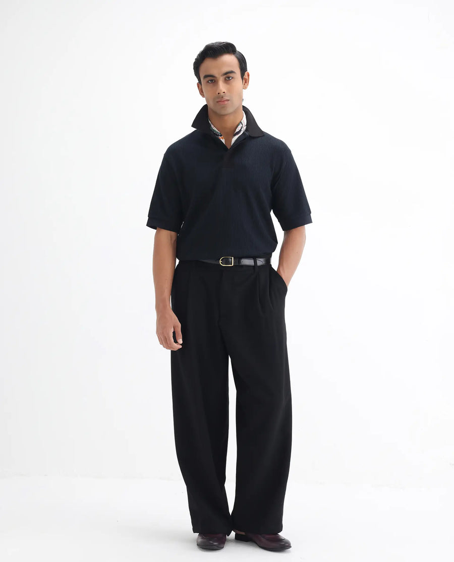 Rare Rabbit Men's Tom-N Navy Cotton Textured Oversized Fit Half Sleeve Polo