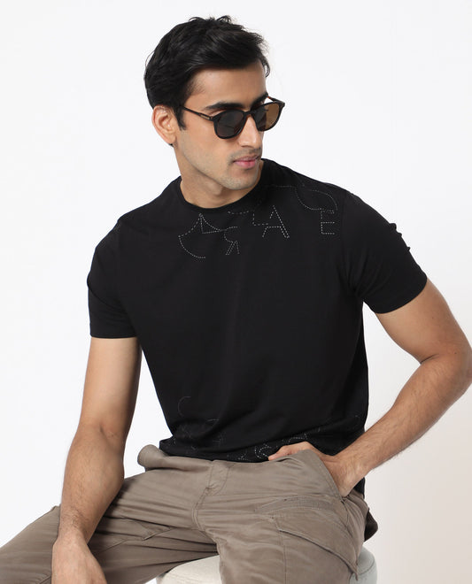 Rare Rabbit Men's Tona Black Velvet Plain Slim Fit Half Sleeve Crew Neck T-Shirt