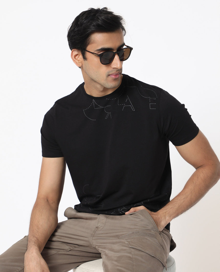 Rare Rabbit Men's Tona Black Velvet Plain Slim Fit Half Sleeve Crew Neck T-Shirt