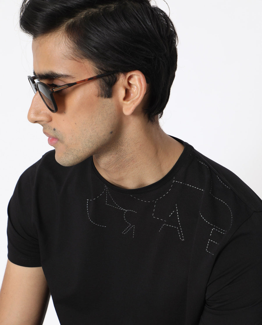 Rare Rabbit Men's Tona Black Velvet Plain Slim Fit Half Sleeve Crew Neck T-Shirt