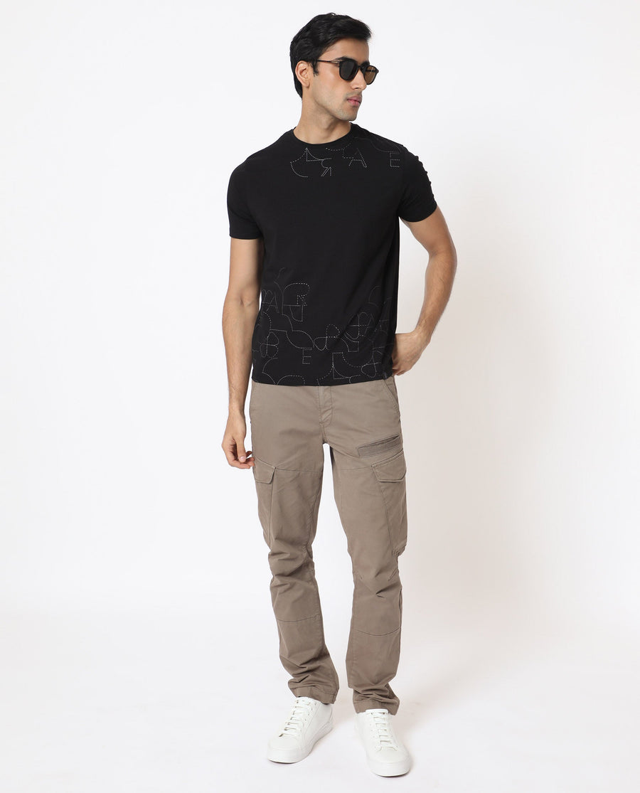 Rare Rabbit Men's Tona Black Velvet Plain Slim Fit Half Sleeve Crew Neck T-Shirt