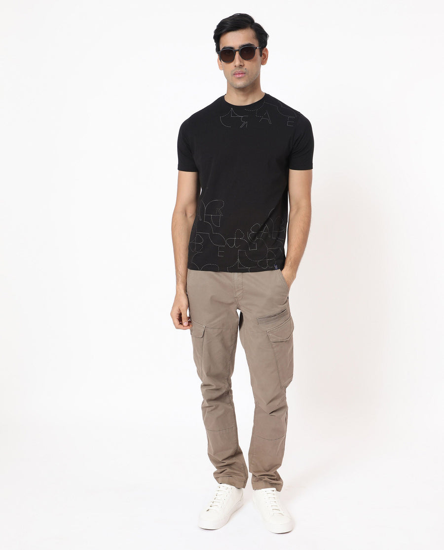 Rare Rabbit Men's Tona Black Velvet Plain Slim Fit Half Sleeve Crew Neck T-Shirt