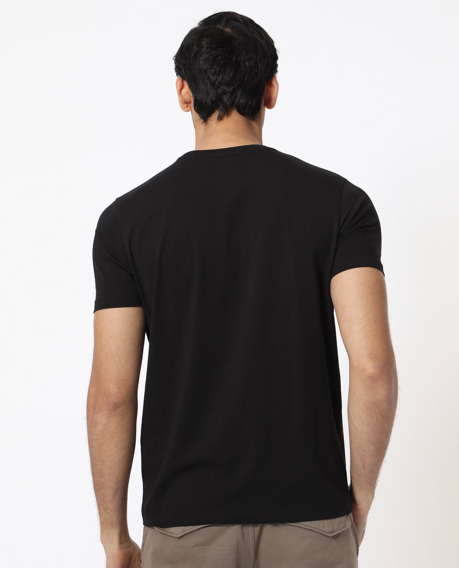 Rare Rabbit Men's Tona Black Velvet Plain Slim Fit Half Sleeve Crew Neck T-Shirt