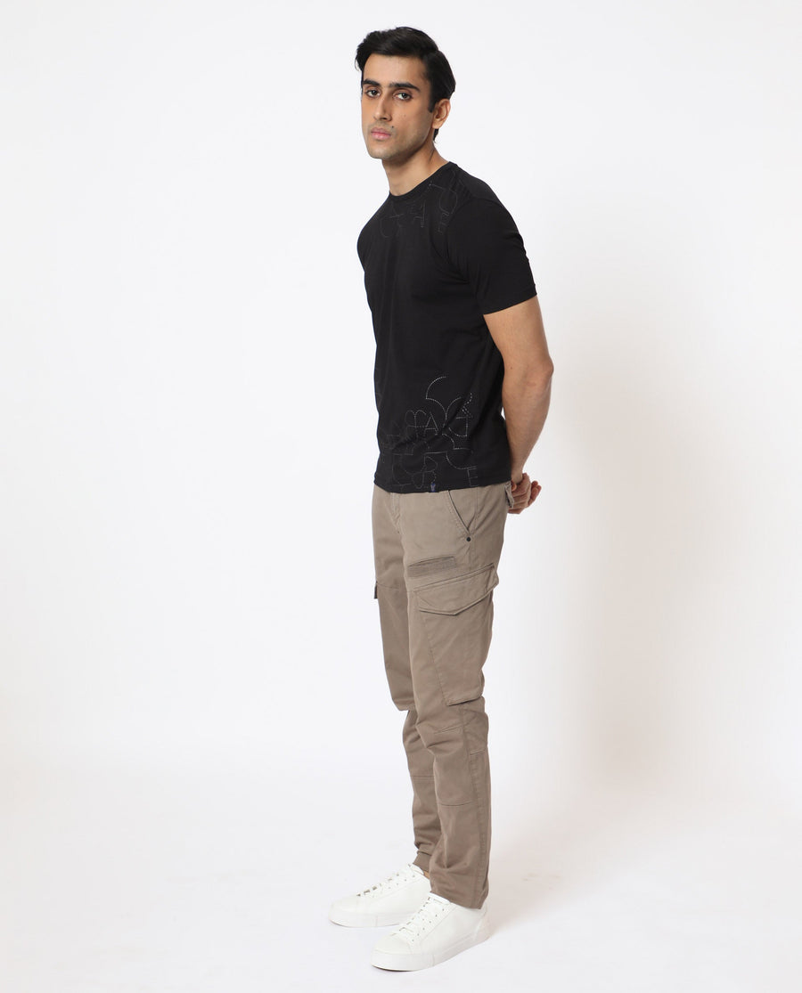Rare Rabbit Men's Tona Black Velvet Plain Slim Fit Half Sleeve Crew Neck T-Shirt