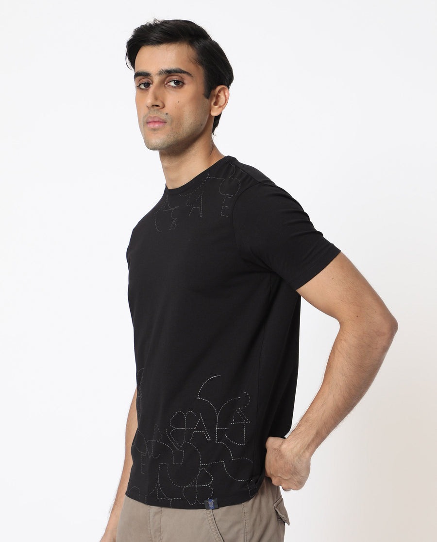 Rare Rabbit Men's Tona Black Velvet Plain Slim Fit Half Sleeve Crew Neck T-Shirt