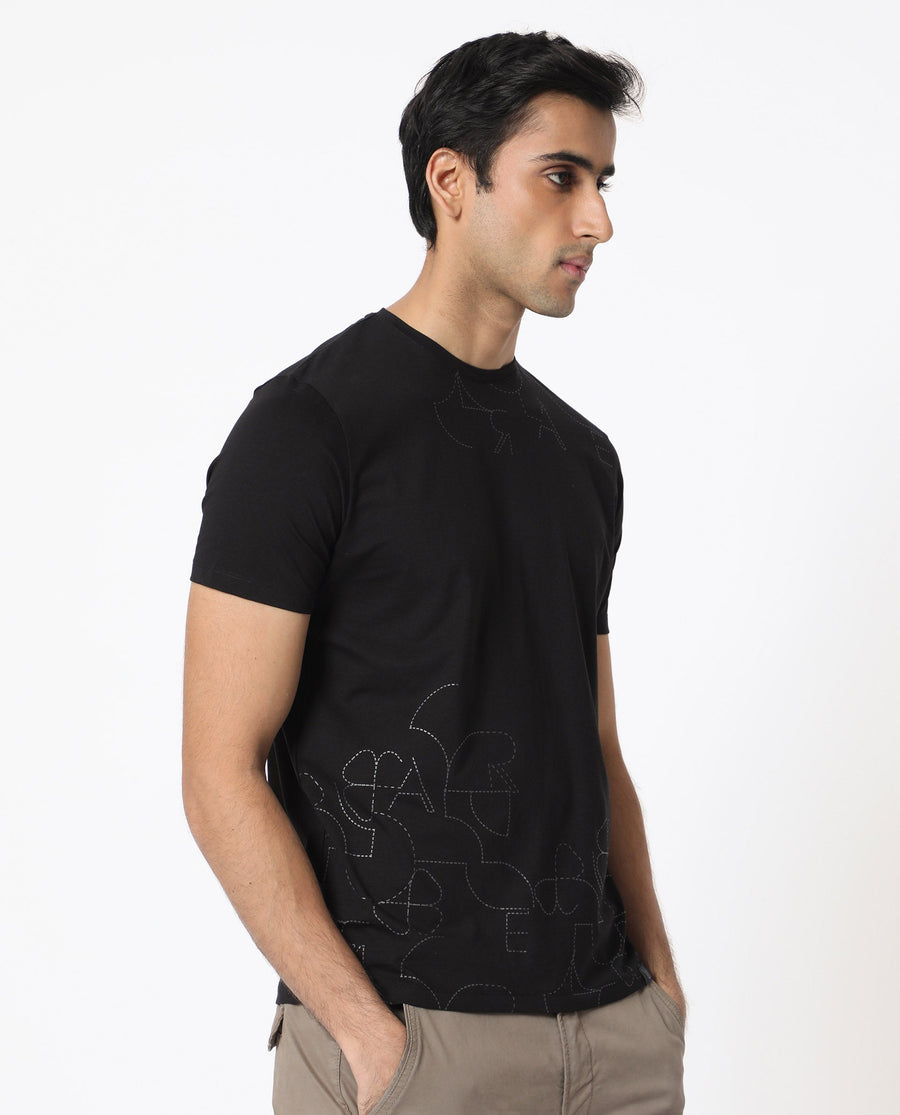 Rare Rabbit Men's Tona Black Velvet Plain Slim Fit Half Sleeve Crew Neck T-Shirt