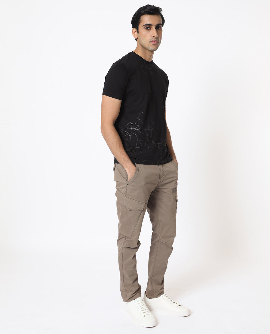 Rare Rabbit Men's Tona Black Velvet Plain Slim Fit Half Sleeve Crew Neck T-Shirt