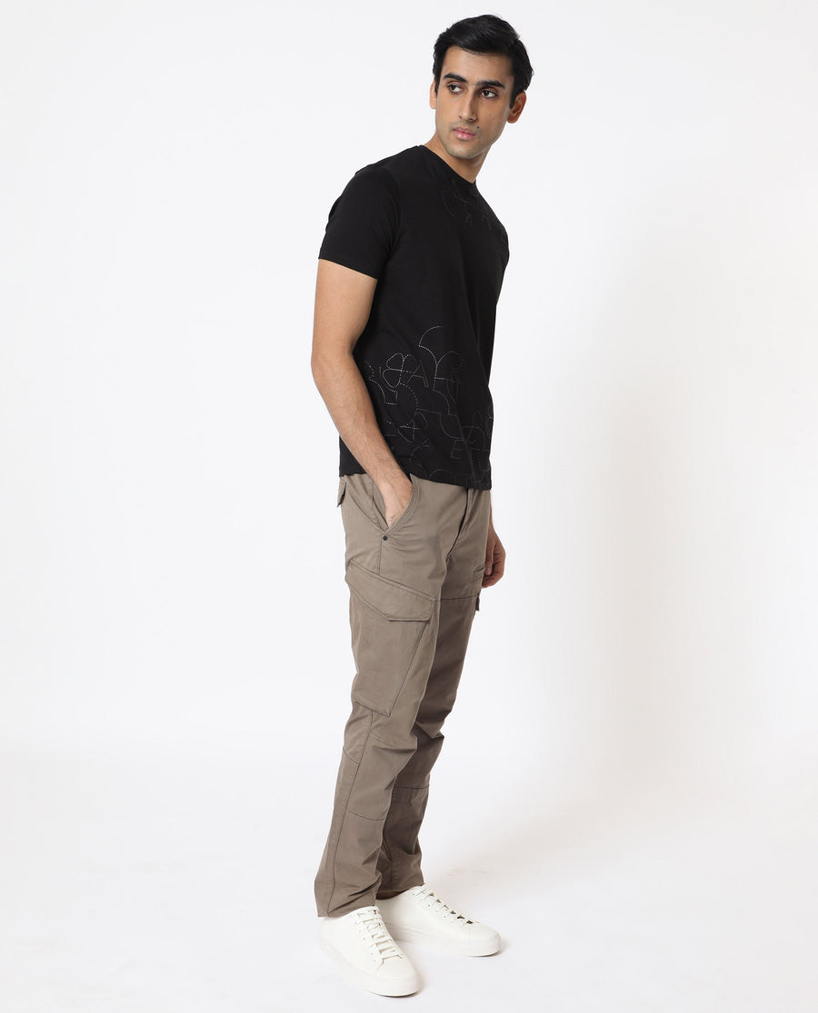 Rare Rabbit Men's Tona Black Velvet Plain Slim Fit Half Sleeve Crew Neck T-Shirt