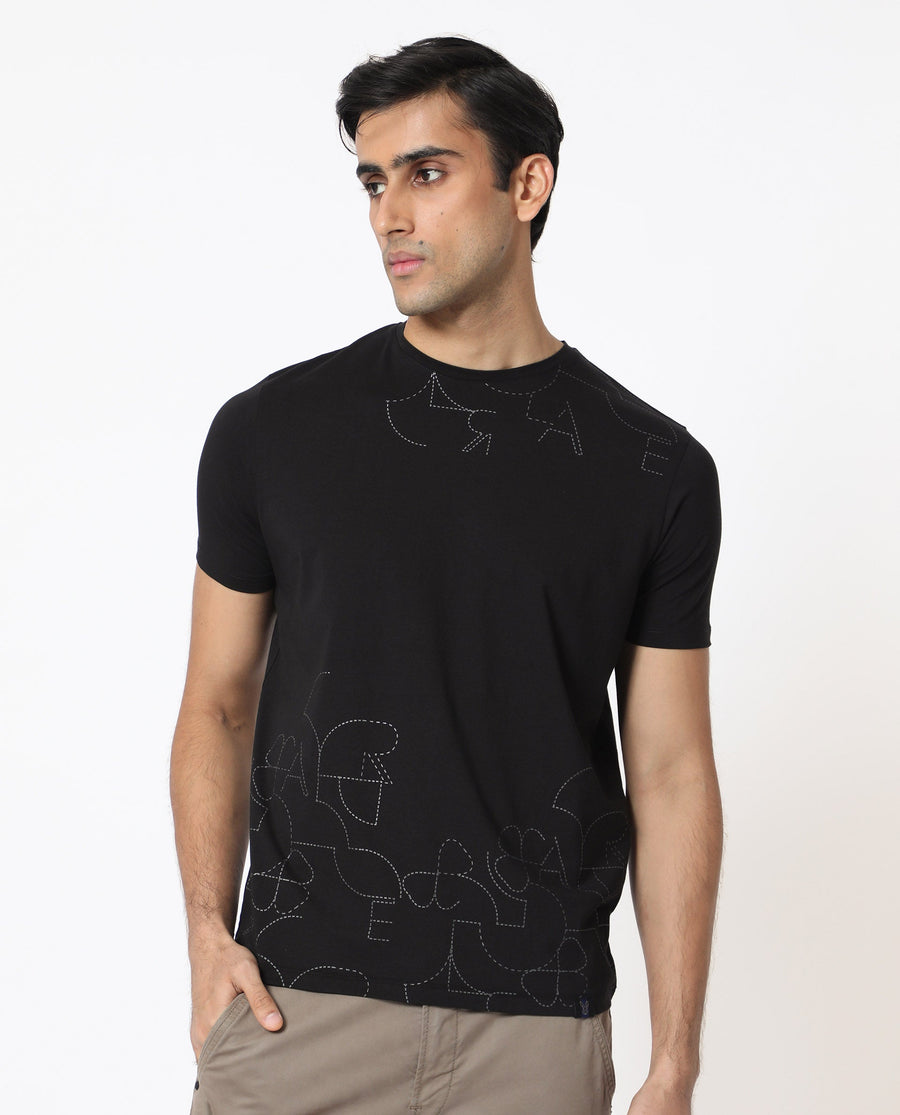 Rare Rabbit Men's Tona Black Velvet Plain Slim Fit Half Sleeve Crew Neck T-Shirt