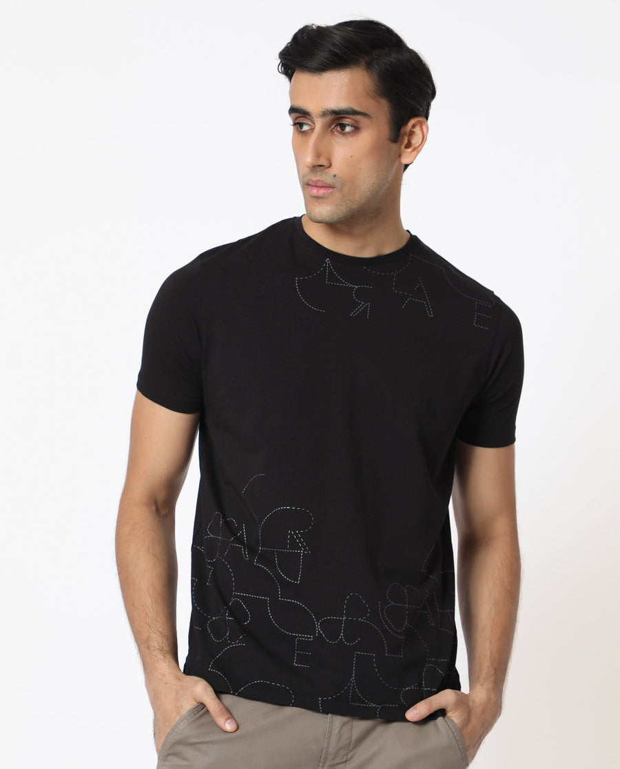 Rare Rabbit Men's Tona Black Velvet Plain Slim Fit Half Sleeve Crew Neck T-Shirt