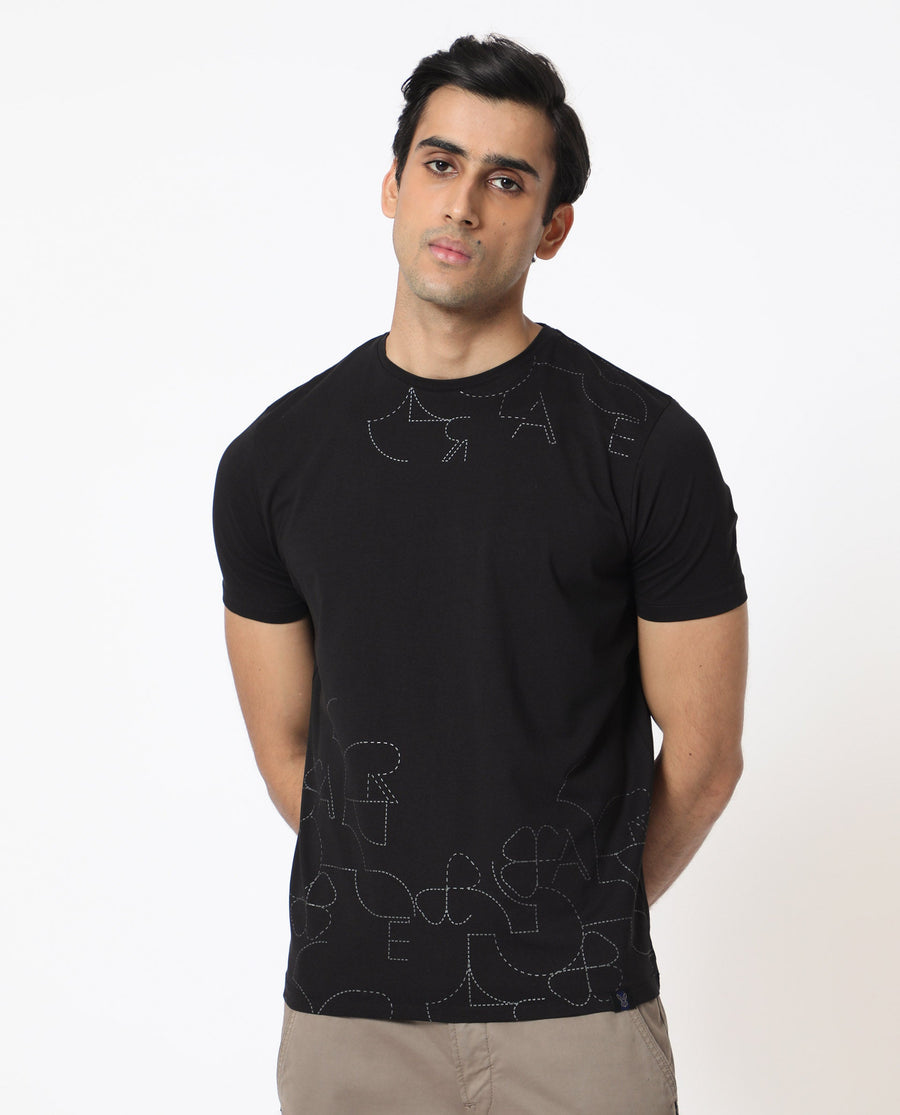 Rare Rabbit Men's Tona Black Velvet Plain Slim Fit Half Sleeve Crew Neck T-Shirt