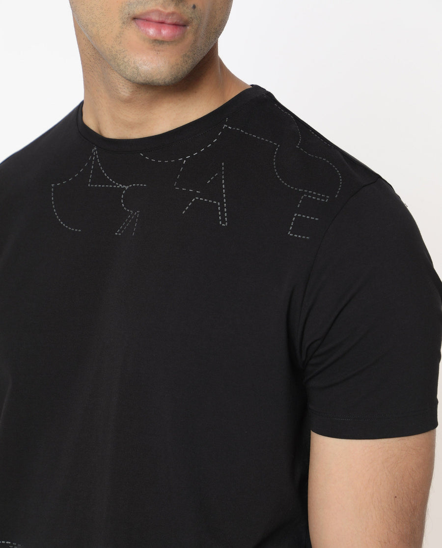 Rare Rabbit Men's Tona Black Velvet Plain Slim Fit Half Sleeve Crew Neck T-Shirt