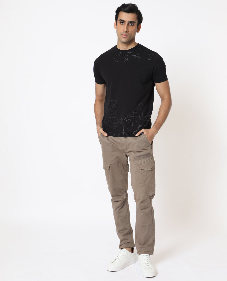 Rare Rabbit Men's Tona Black Velvet Plain Slim Fit Half Sleeve Crew Neck T-Shirt
