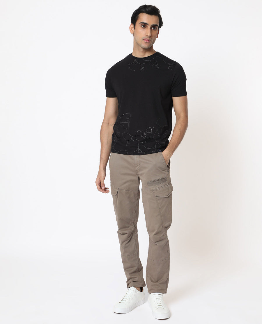 Rare Rabbit Men's Tona Black Velvet Plain Slim Fit Half Sleeve Crew Neck T-Shirt