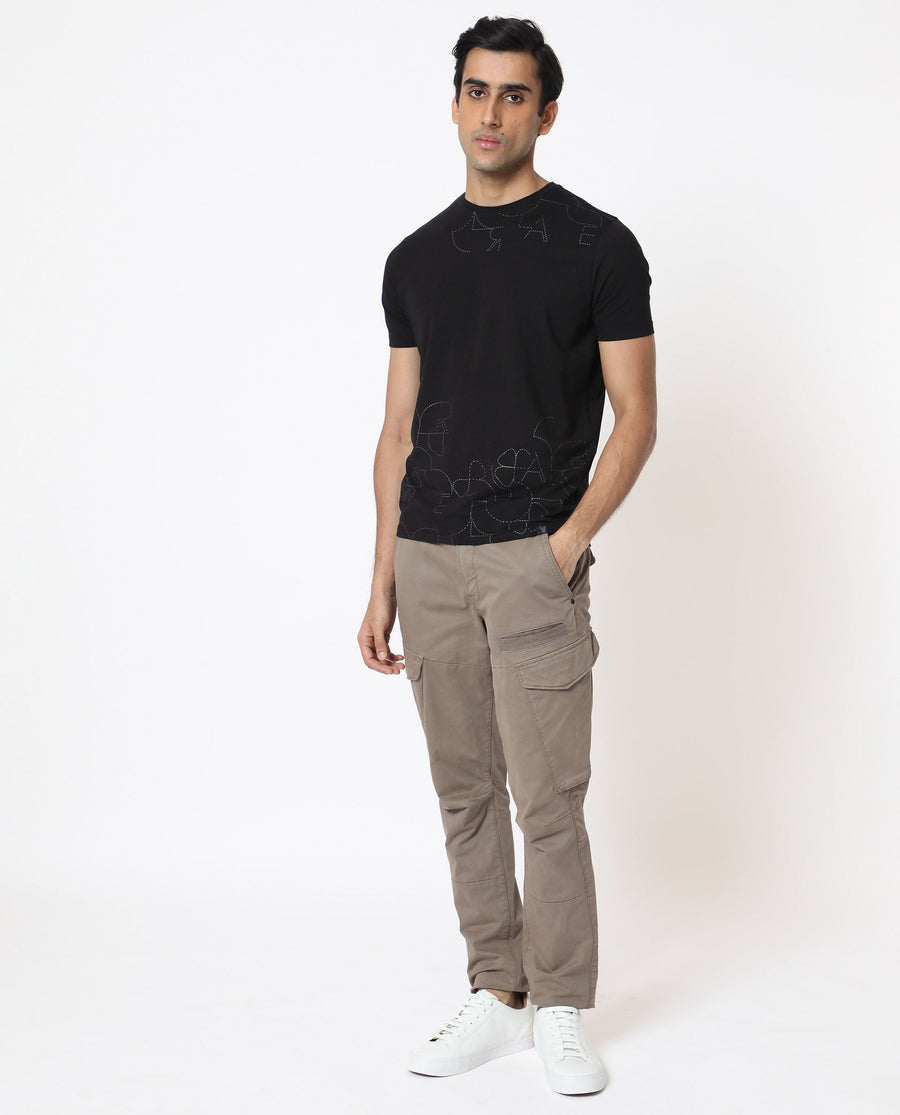Rare Rabbit Men's Tona Black Velvet Plain Slim Fit Half Sleeve Crew Neck T-Shirt