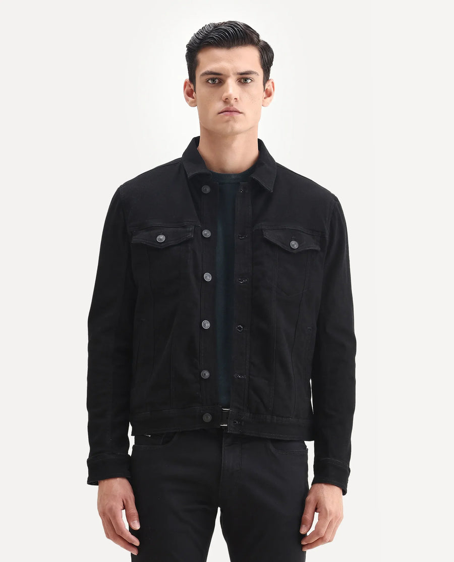 Rare Rabbit Men's Tonk Black Cotton Plain Regular Fit Full Sleeve Spread Collar Jacket