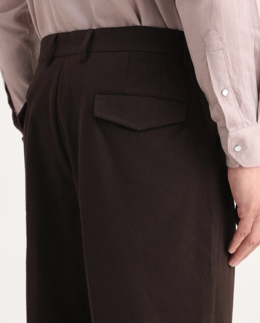 Rare Rabbit Men's Tori Dark Brown Cotton Plain Relaxed Fit Trouser