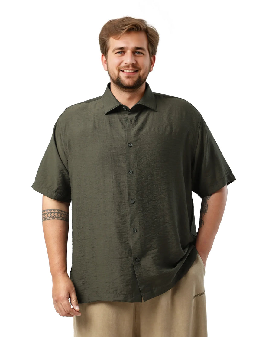 Rare Rabbit Men Torin Big Dark Olive Viscose Blend Fabric Half Sleeve Spread Collar Button Closure Plain Shirt