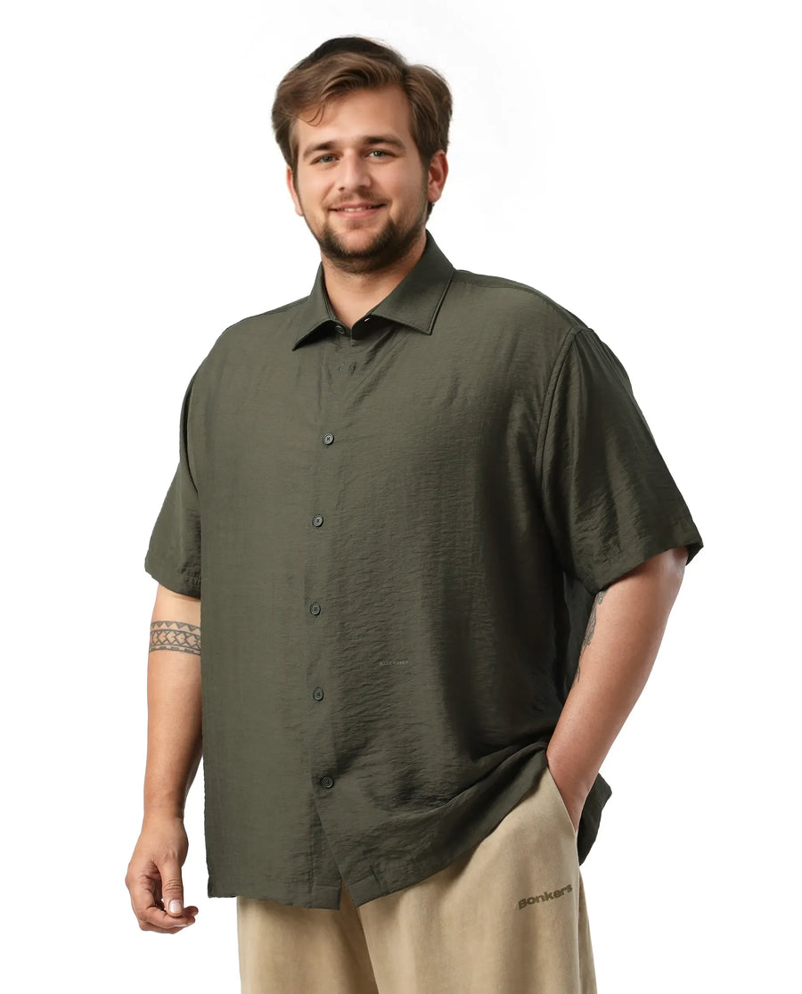 Rare Rabbit Men Torin Big Dark Olive Viscose Blend Fabric Half Sleeve Spread Collar Button Closure Plain Shirt