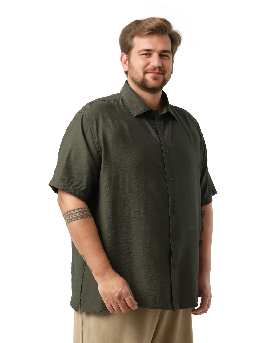 Rare Rabbit Men Torin Big Dark Olive Viscose Blend Fabric Half Sleeve Spread Collar Button Closure Plain Shirt