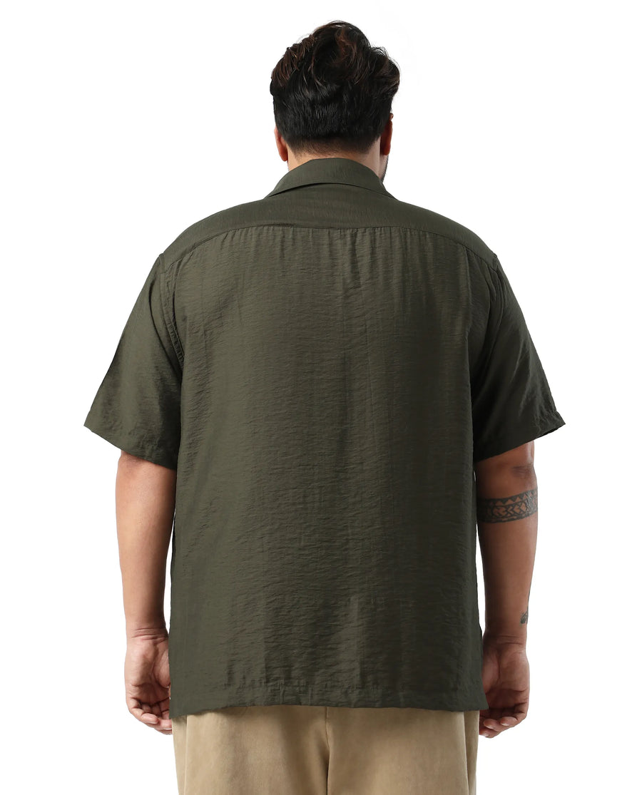 Rare Rabbit Men Torin Big Dark Olive Viscose Blend Fabric Half Sleeve Spread Collar Button Closure Plain Shirt