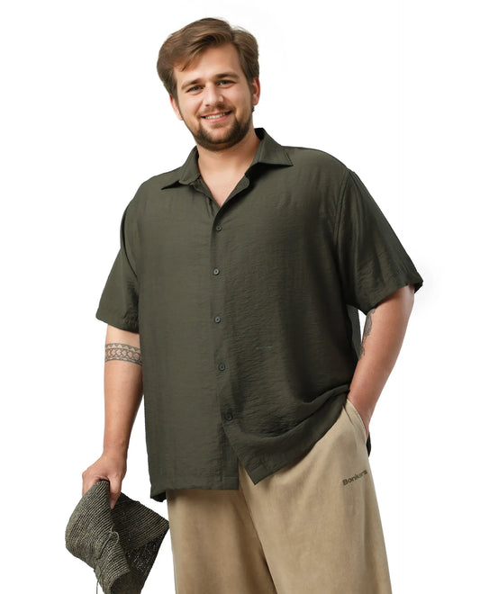Rare Rabbit Men Torin Big Dark Olive Viscose Blend Fabric Half Sleeve Spread Collar Button Closure Plain Shirt