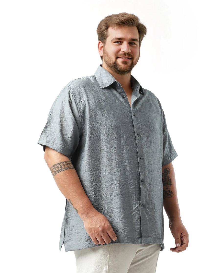 Rare Rabbit Men Torin Big Dusky Blue Viscose Blend Fabric Half Sleeve Spread Collar Button Closure Plain Shirt