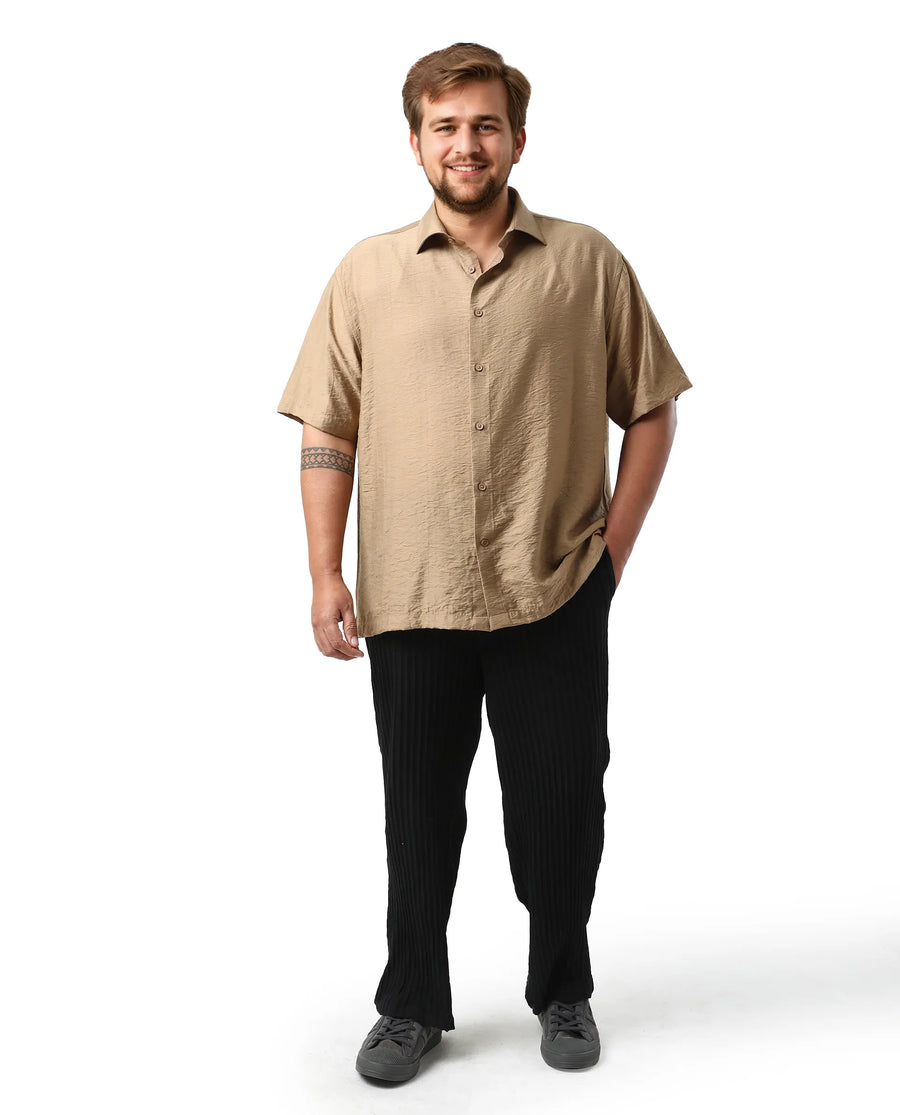 Rare Rabbit Men Torin Big Pastel Brown Viscose Blend Fabric Half Sleeve Spread Collar Button Closure Plain Shirt