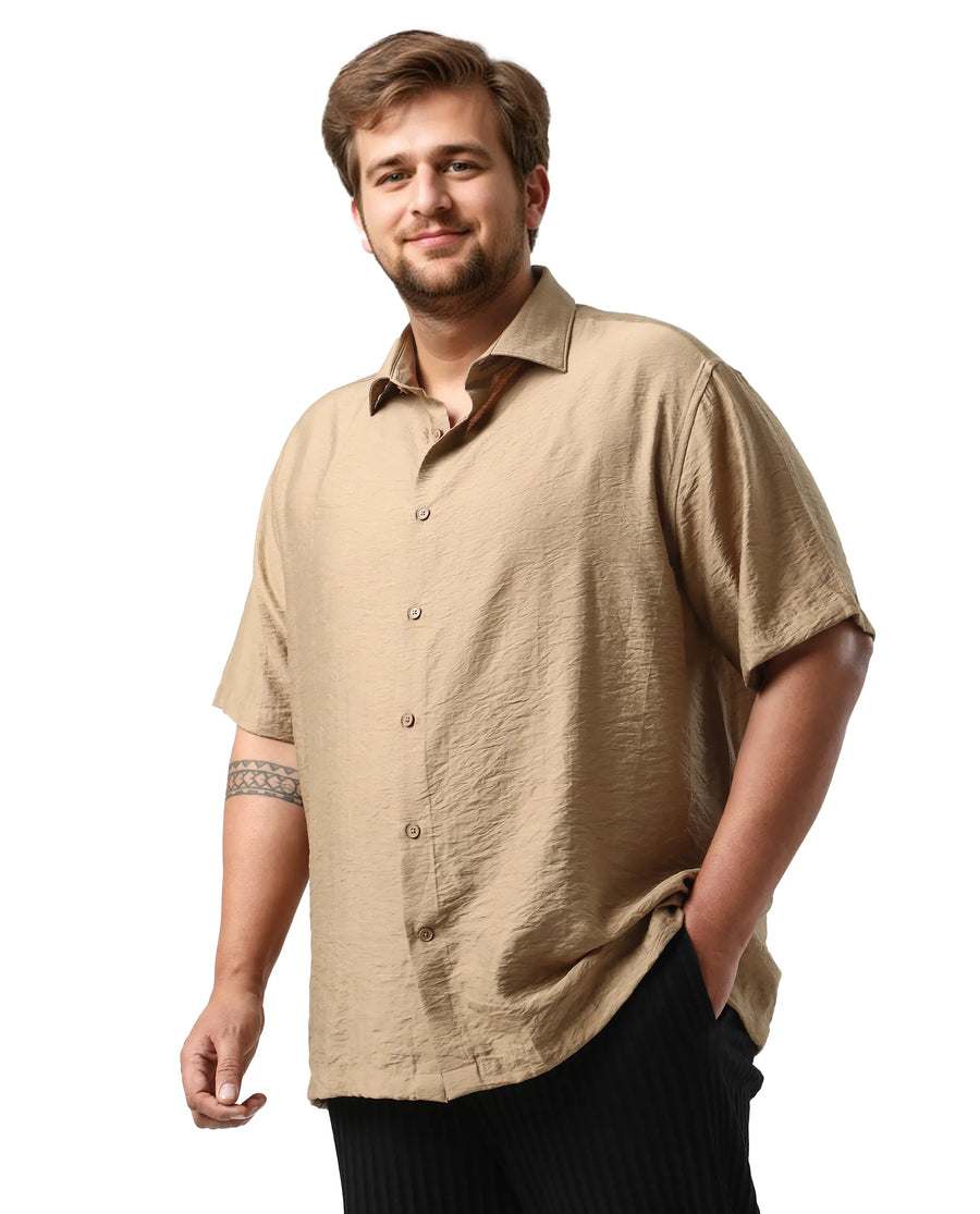 Rare Rabbit Men Torin Big Pastel Brown Viscose Blend Fabric Half Sleeve Spread Collar Button Closure Plain Shirt