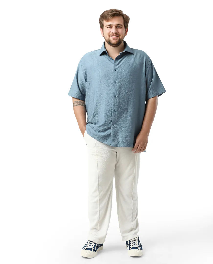 Rare Rabbit Men Torin Big Light Blue Viscose Blend Fabric Half Sleeve Spread Collar Button Closure Plain Shirt