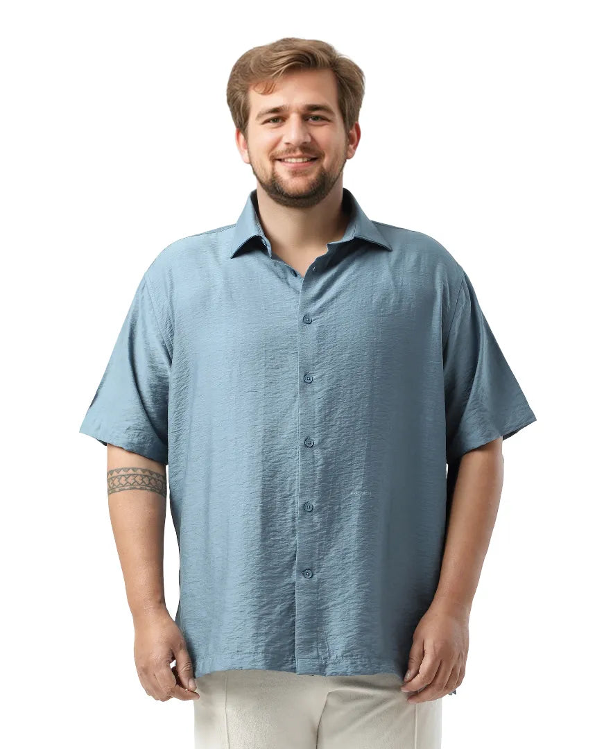 Rare Rabbit Men Torin Big Light Blue Viscose Blend Fabric Half Sleeve Spread Collar Button Closure Plain Shirt