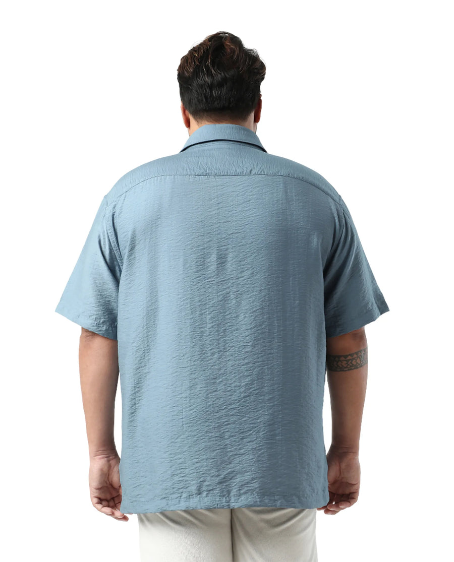 Rare Rabbit Men Torin Big Light Blue Viscose Blend Fabric Half Sleeve Spread Collar Button Closure Plain Shirt