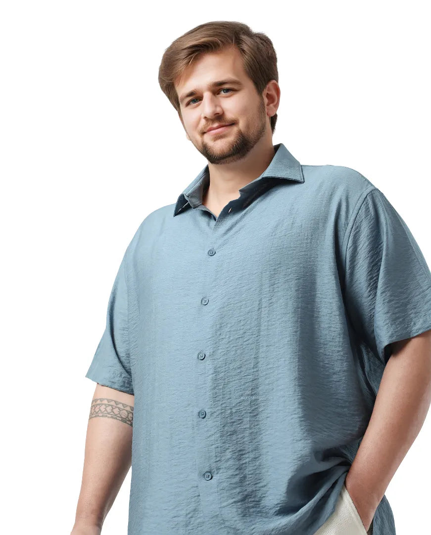 Rare Rabbit Men Torin Big Light Blue Viscose Blend Fabric Half Sleeve Spread Collar Button Closure Plain Shirt