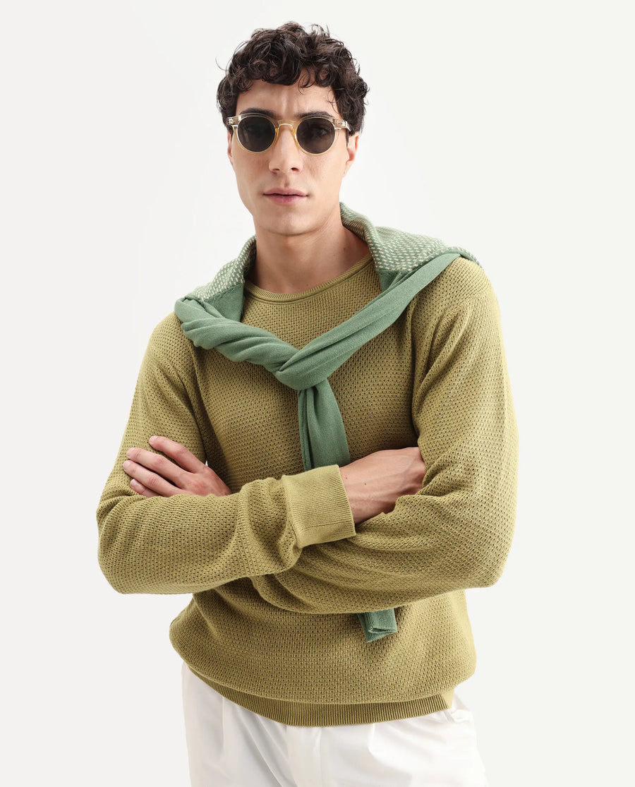 Rare Rabbit Men's Torino Green Cotton Plain Regular Fit Full Sleeve Crew Neck Sweater