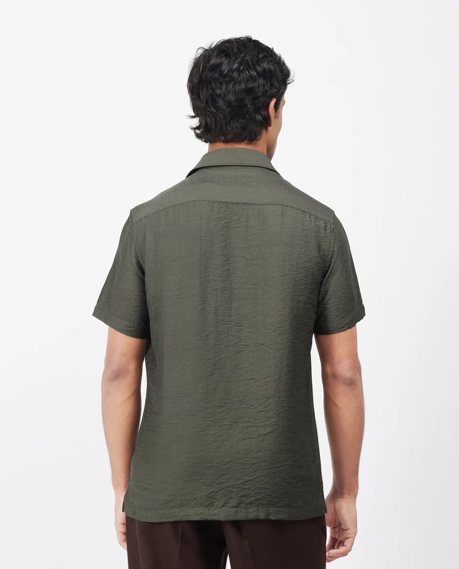 Rare Rabbit Men's Torit Dark Olive Viscose Blend Plain Regular Fit Half Sleeve Collared Shirt
