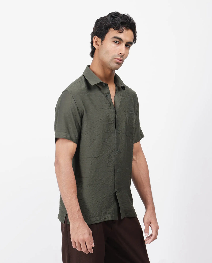 Rare Rabbit Men's Torit Dark Olive Viscose Blend Plain Regular Fit Half Sleeve Collared Shirt
