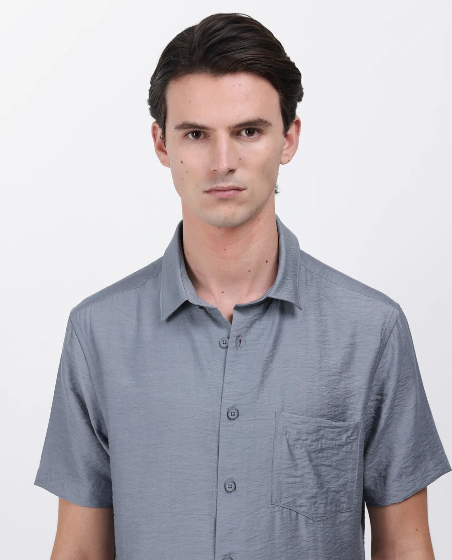 Rare Rabbit Men's Torit Dusky Blue Viscose Blend Plain Regular Fit Half Sleeve Collared Shirt