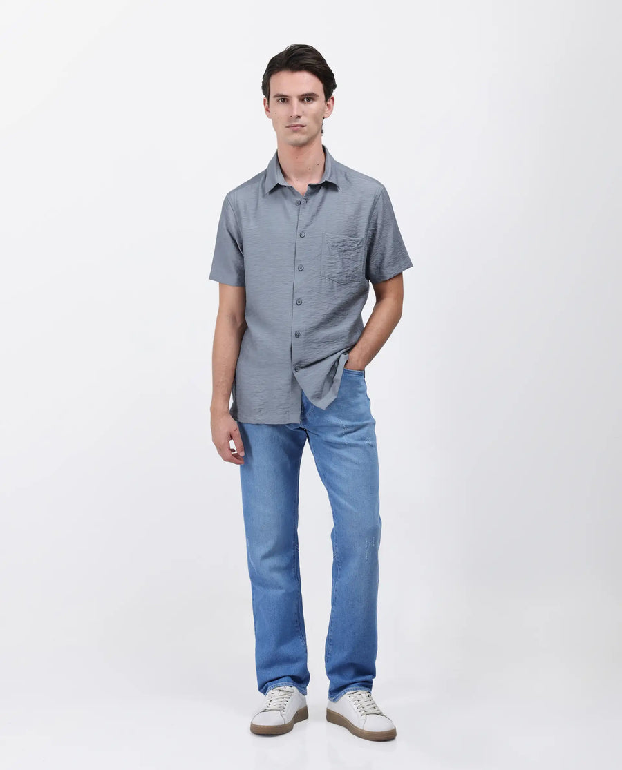 Rare Rabbit Men's Torit Dusky Blue Viscose Blend Plain Regular Fit Half Sleeve Collared Shirt