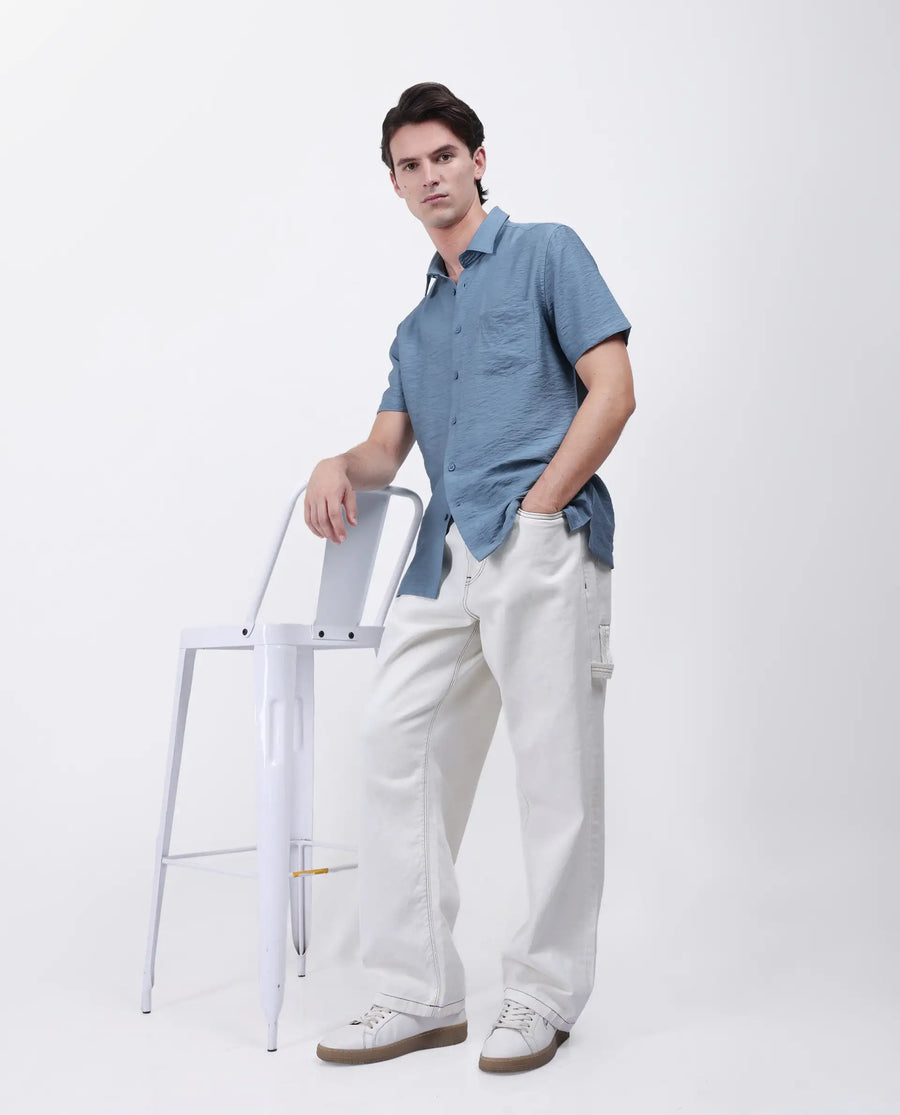 Rare Rabbit Men's Torit Light Blue Viscose Blend Plain Regular Fit Half Sleeve Collared Shirt