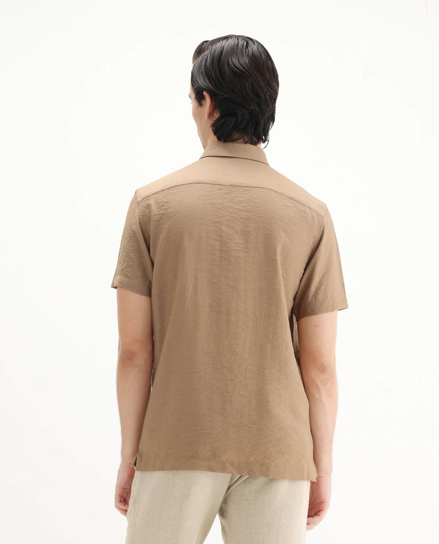 Rare Rabbit Men's Torit Pastel Brown Viscose Blend Plain Regular Fit Half Sleeve Collared Shirt