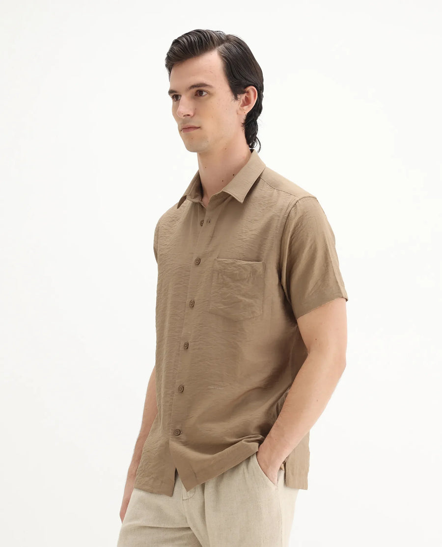 Rare Rabbit Men's Torit Pastel Brown Viscose Blend Plain Regular Fit Half Sleeve Collared Shirt