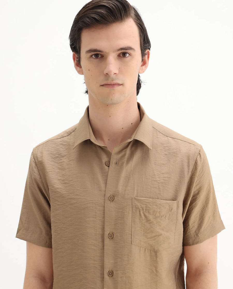 Rare Rabbit Men's Torit Pastel Brown Viscose Blend Plain Regular Fit Half Sleeve Collared Shirt