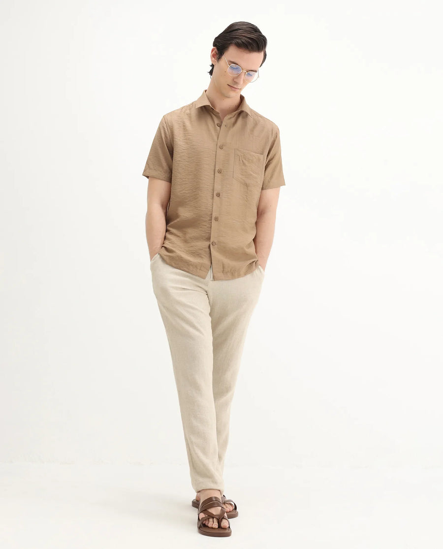 Rare Rabbit Men's Torit Pastel Brown Viscose Blend Plain Regular Fit Half Sleeve Collared Shirt