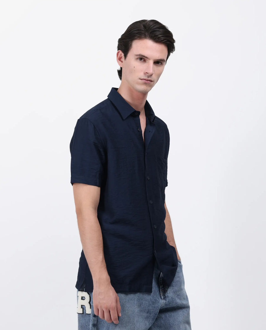 Rare Rabbit Men's Torit Pastel Navy Viscose Blend Plain Regular Fit Half Sleeve Collared Shirt