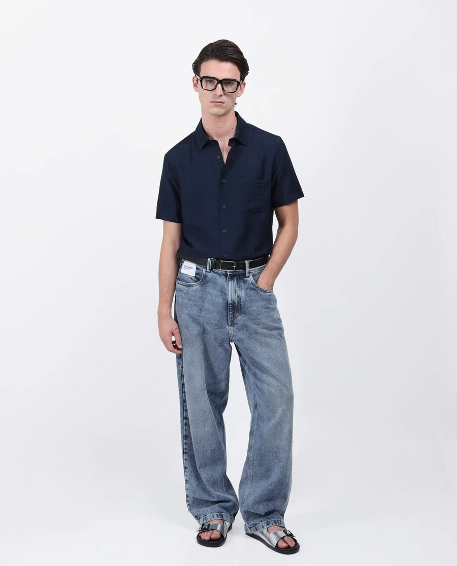 Rare Rabbit Men's Torit Pastel Navy Viscose Blend Plain Regular Fit Half Sleeve Collared Shirt