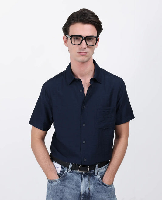 Rare Rabbit Men's Torit Pastel Navy Viscose Blend Plain Regular Fit Half Sleeve Collared Shirt