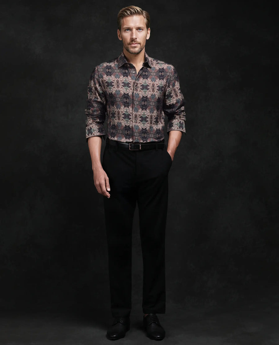 Rare Rabbit Men's Viscose Blend Abstract Print Regular Fit Full Sleeve Collared Shirt